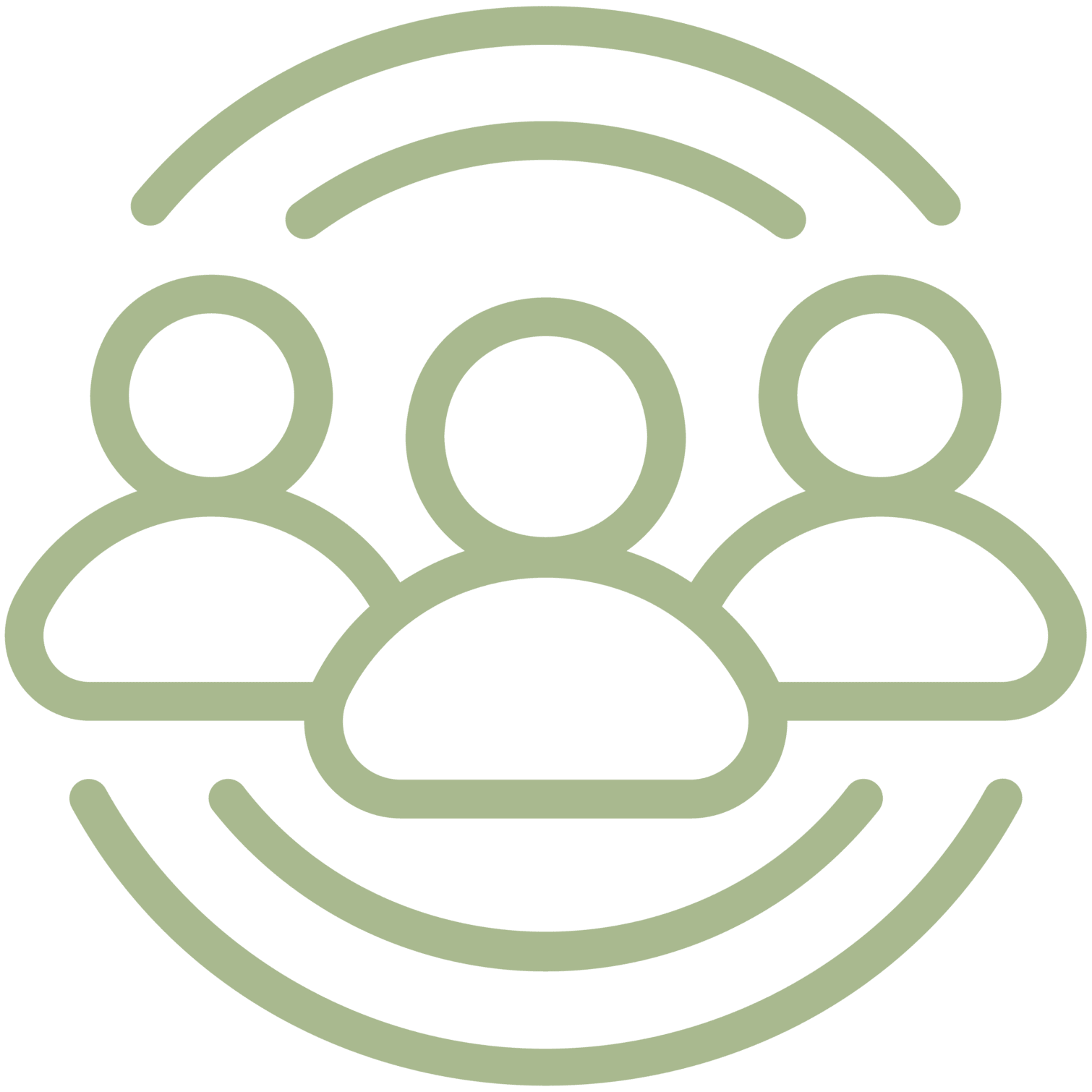 Vector artwork representing three persons surrounded by two semi circles from top and bottom